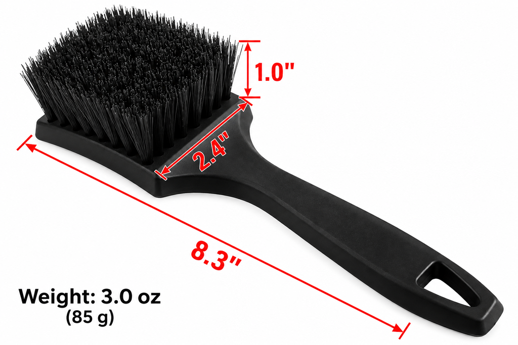 Detail Supply tire brush size: 8.3 inch long, 2.4 inch head, 85 g