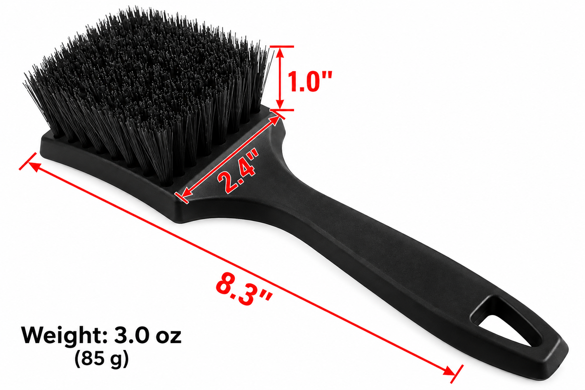 Detail Supply tire brush size: 8.3 inch long, 2.4 inch head, 85 g