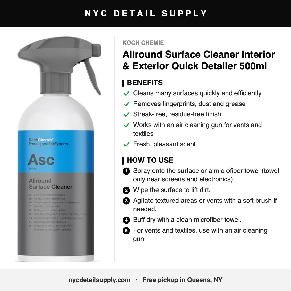 Koch Chemie Allround Surface Cleaner Interior & Exterior Quick Detailer 500ml - how to use and benefits
