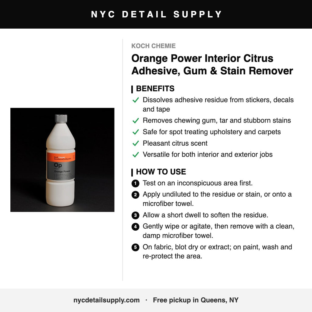 Koch Chemie Orange Power Interior Citrus Adhesive, Gum & Stain Remover - how to use and benefits