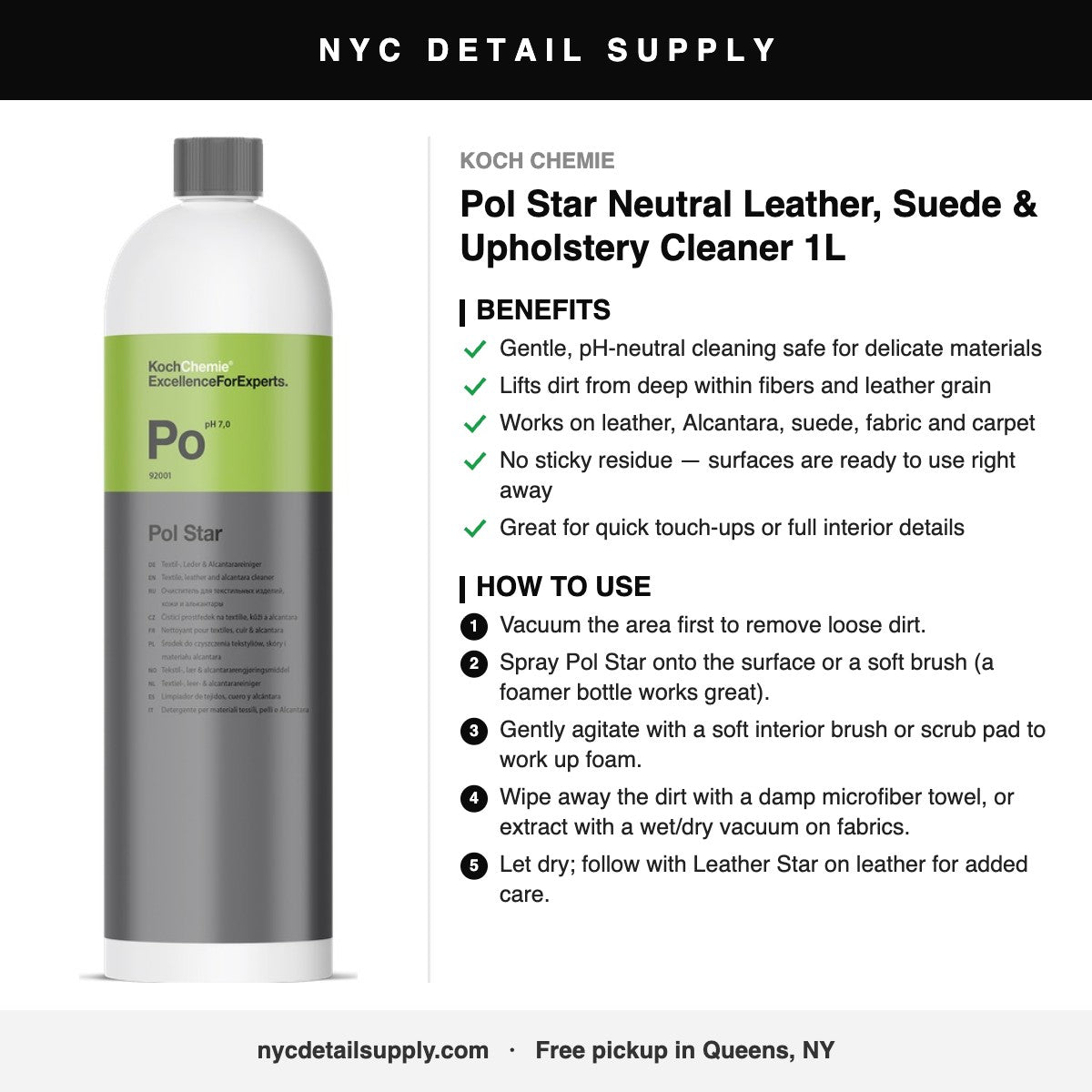 Koch Chemie Pol Star Neutral Leather, Suede & Upholstery Cleaner 1L - how to use and benefits