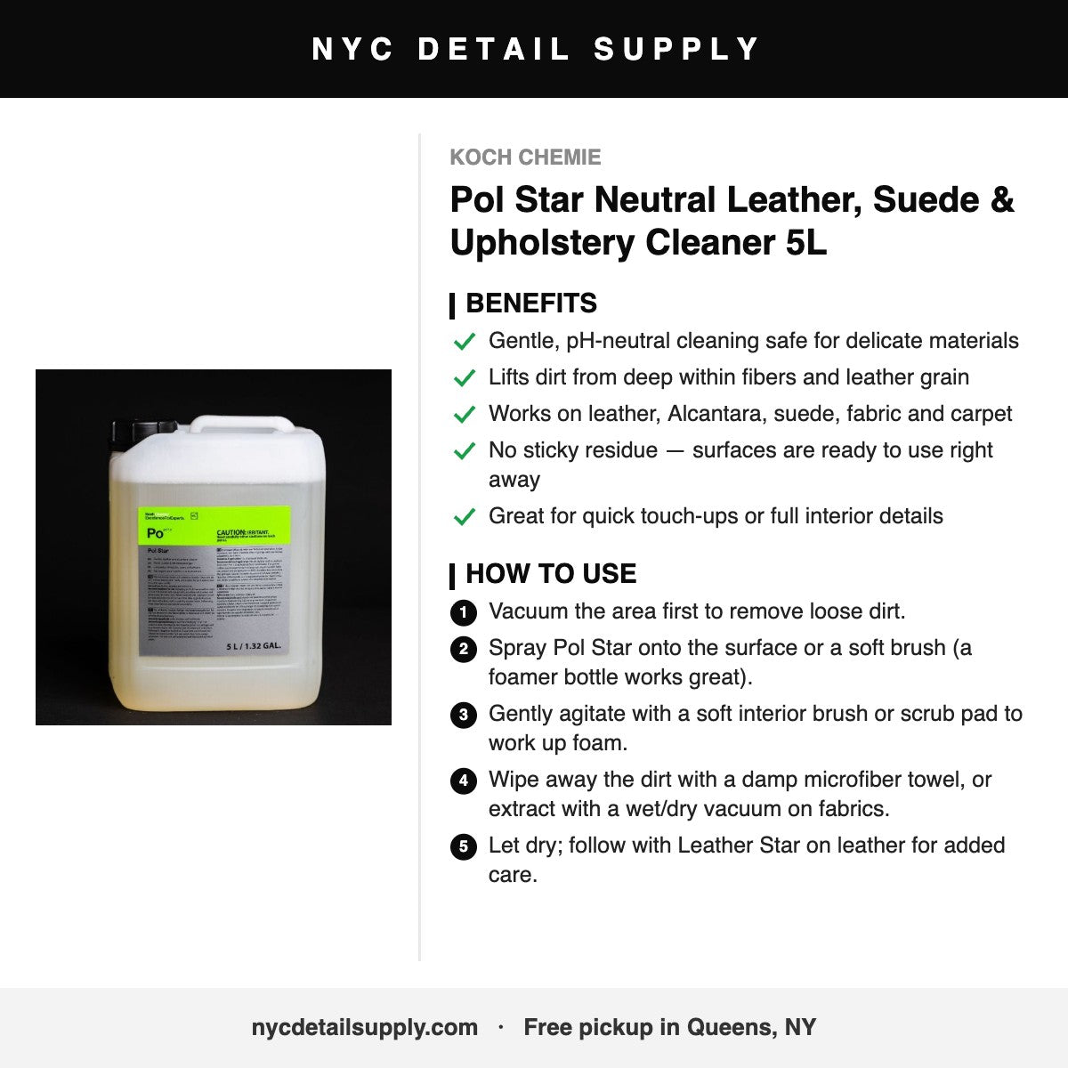 Koch Chemie Pol Star Neutral Leather, Suede & Upholstery Cleaner 5L - how to use and benefits