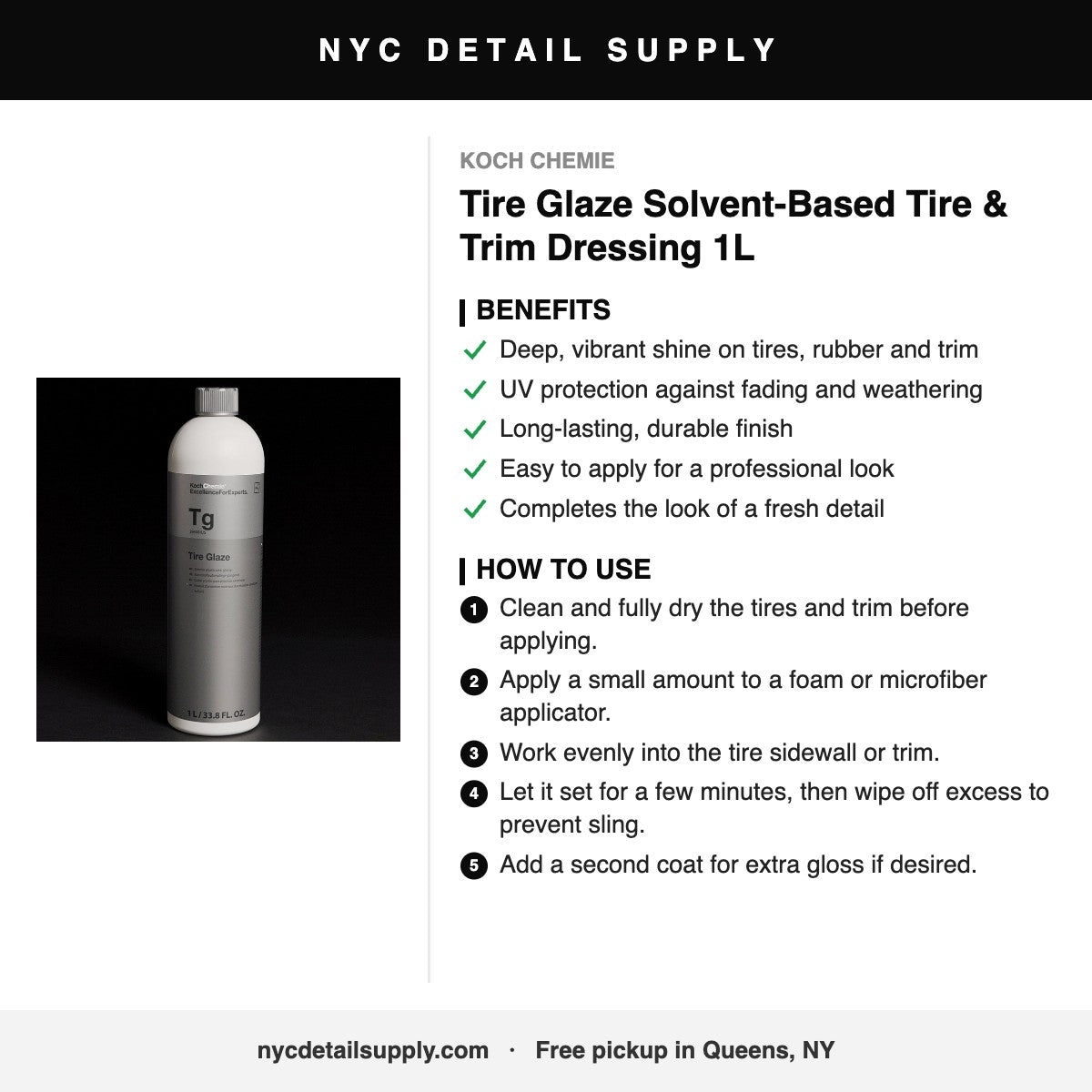 Koch Chemie Tire Glaze Solvent-Based Tire & Trim Dressing 1L - how to use and benefits