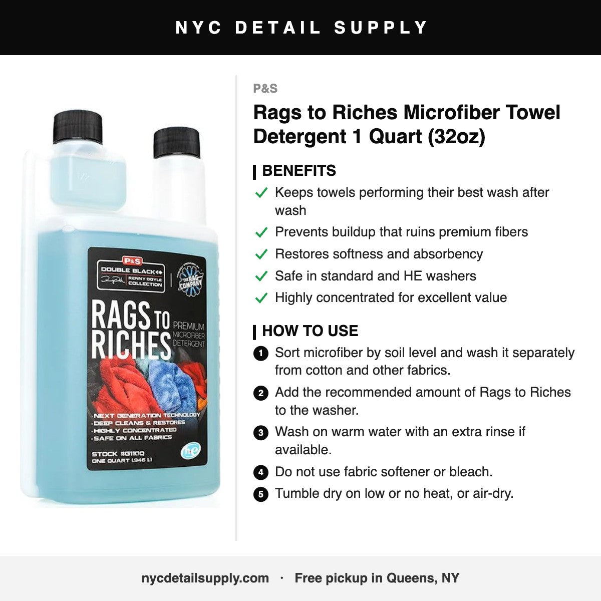 P&S Rags to Riches Microfiber Towel Detergent 1 Quart (32oz) - how to use and benefits