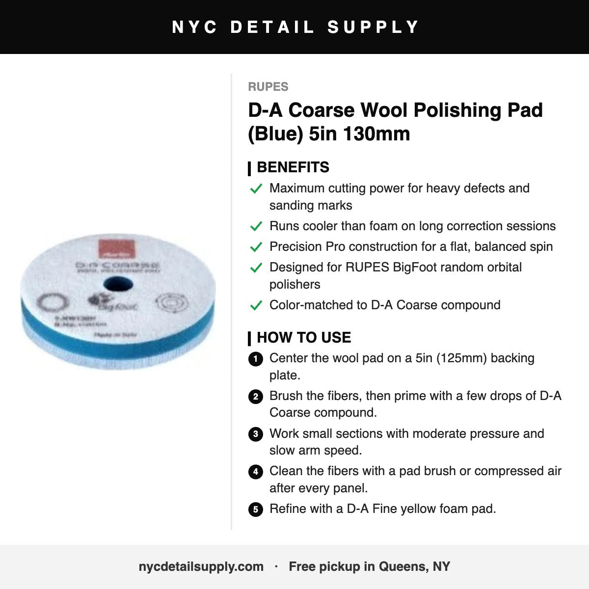 RUPES D-A Coarse Wool Polishing Pad (Blue) 5in 130mm - how to use and benefits