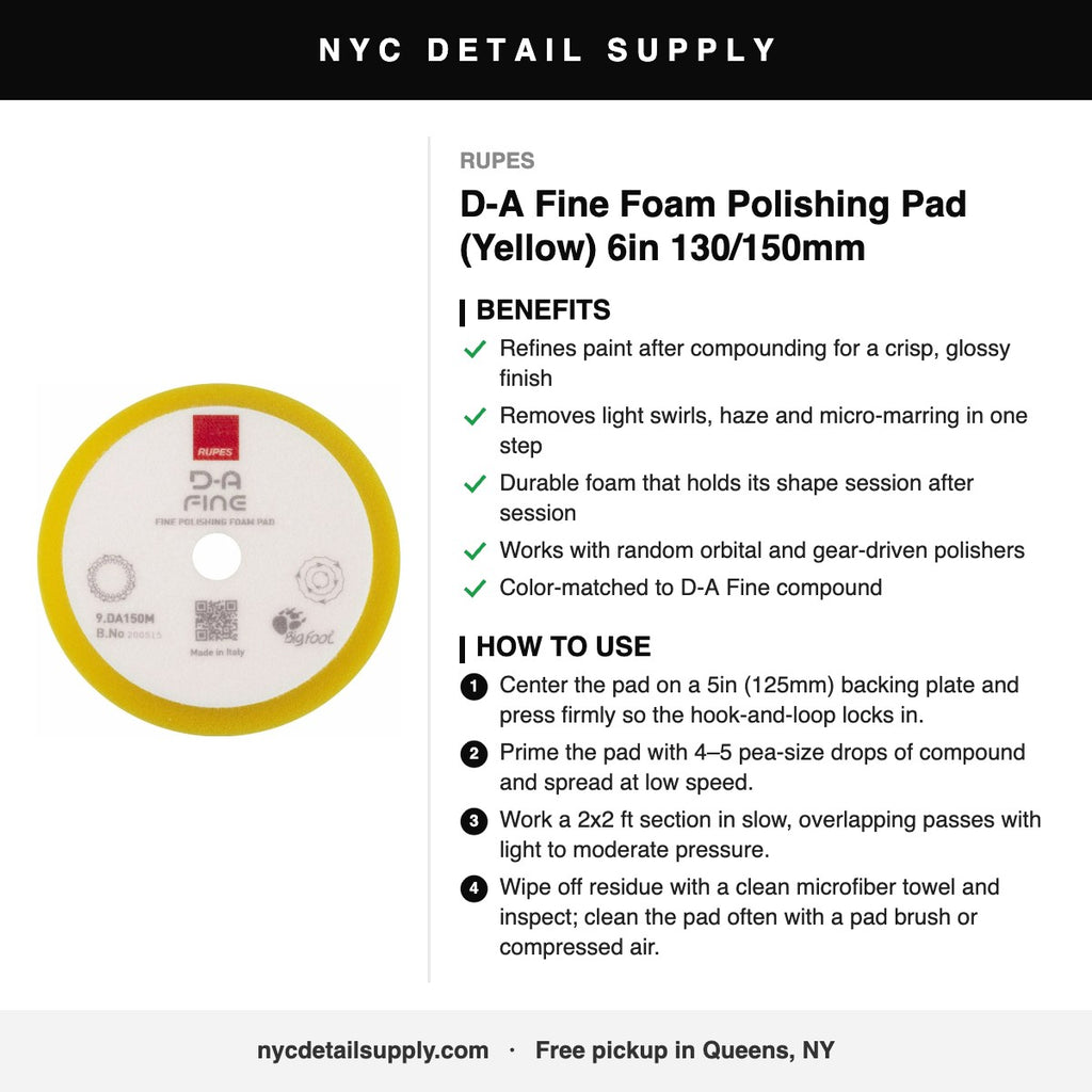 RUPES D-A Fine Foam Polishing Pad (Yellow) 6in 130/150mm - how to use and benefits