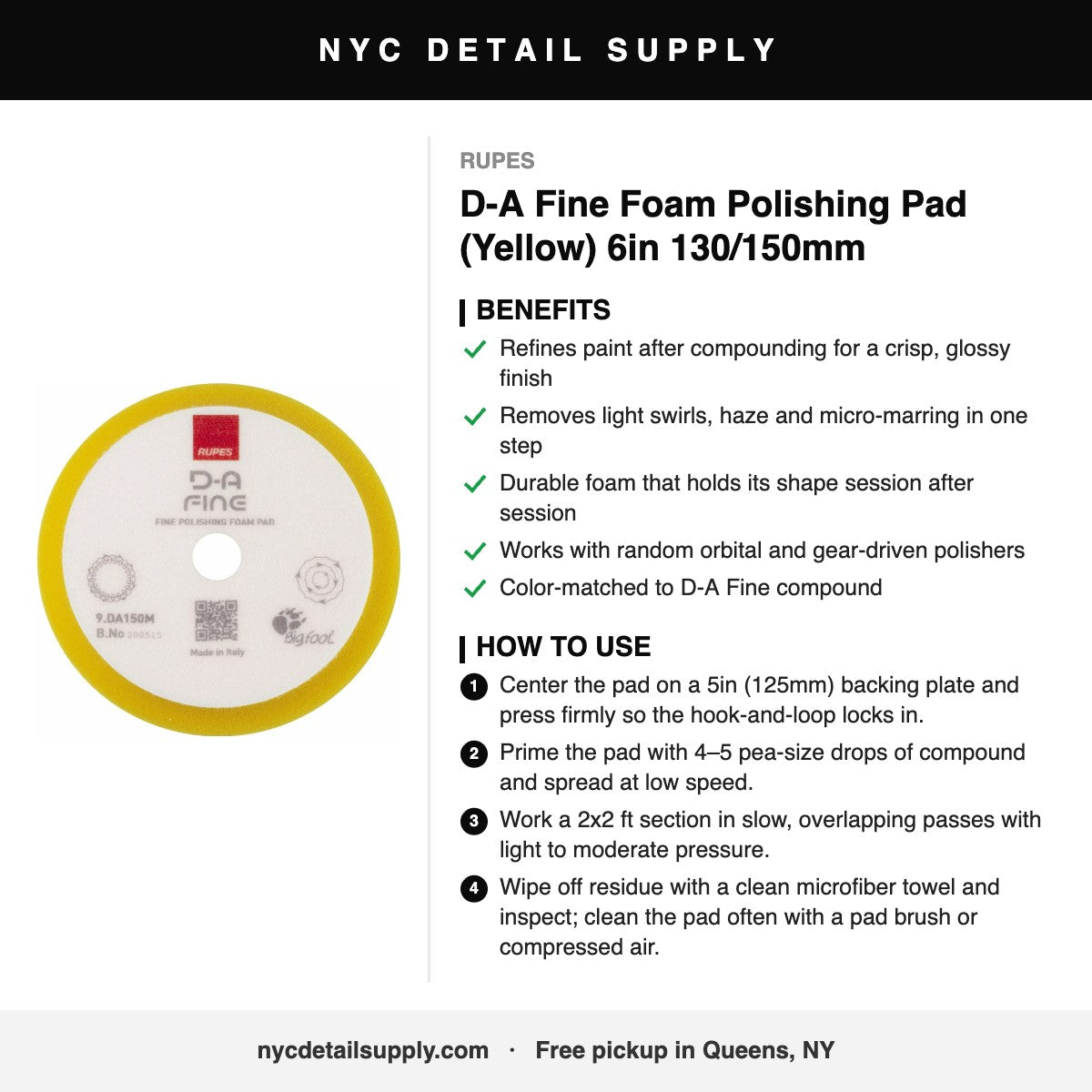 RUPES D-A Fine Foam Polishing Pad (Yellow) 6in 130/150mm - how to use and benefits