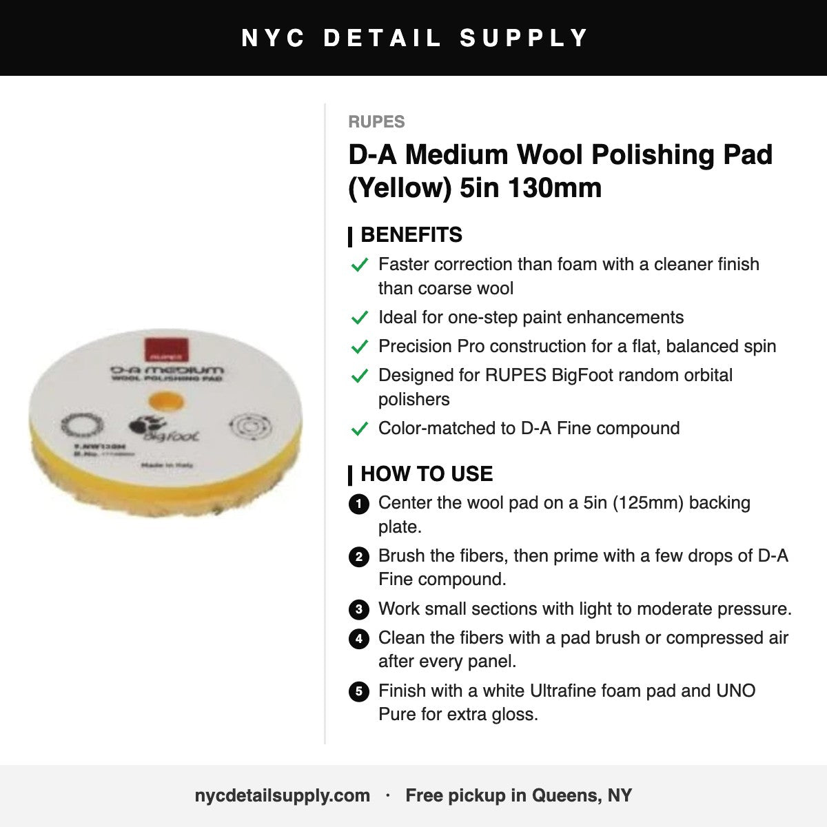 RUPES D-A Medium Wool Polishing Pad (Yellow) 5in 130mm - how to use and benefits