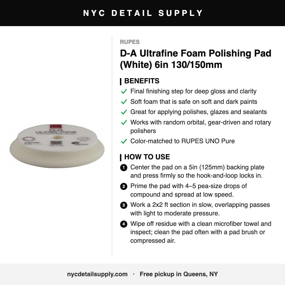 RUPES D-A Ultrafine Foam Polishing Pad (White) 6in 130/150mm - how to use and benefits