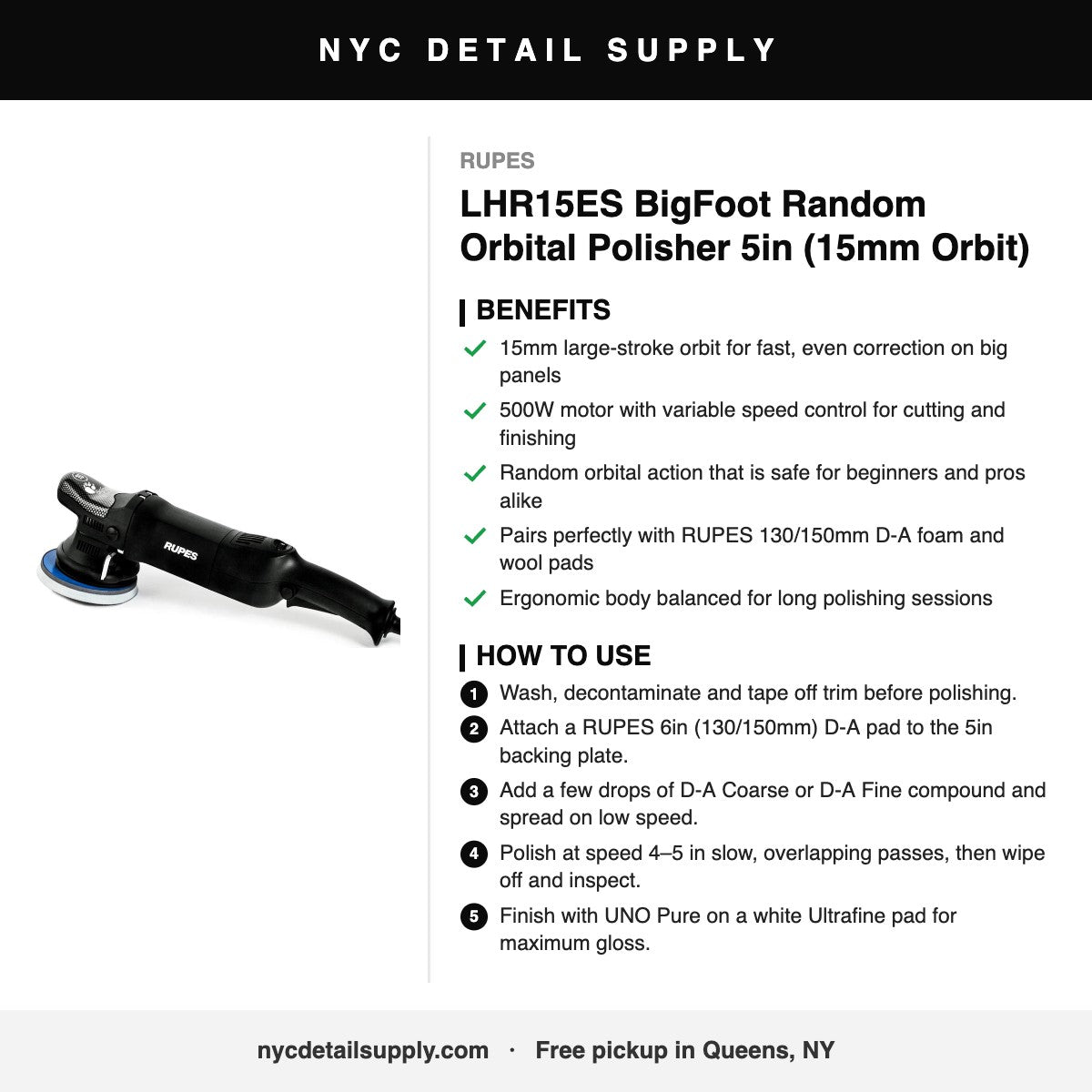 RUPES LHR15ES BigFoot Random Orbital Polisher 5in (15mm Orbit) - how to use and benefits