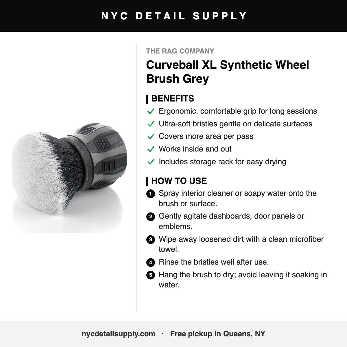 The Rag Company Curveball XL Synthetic Wheel Brush Grey - how to use and benefits
