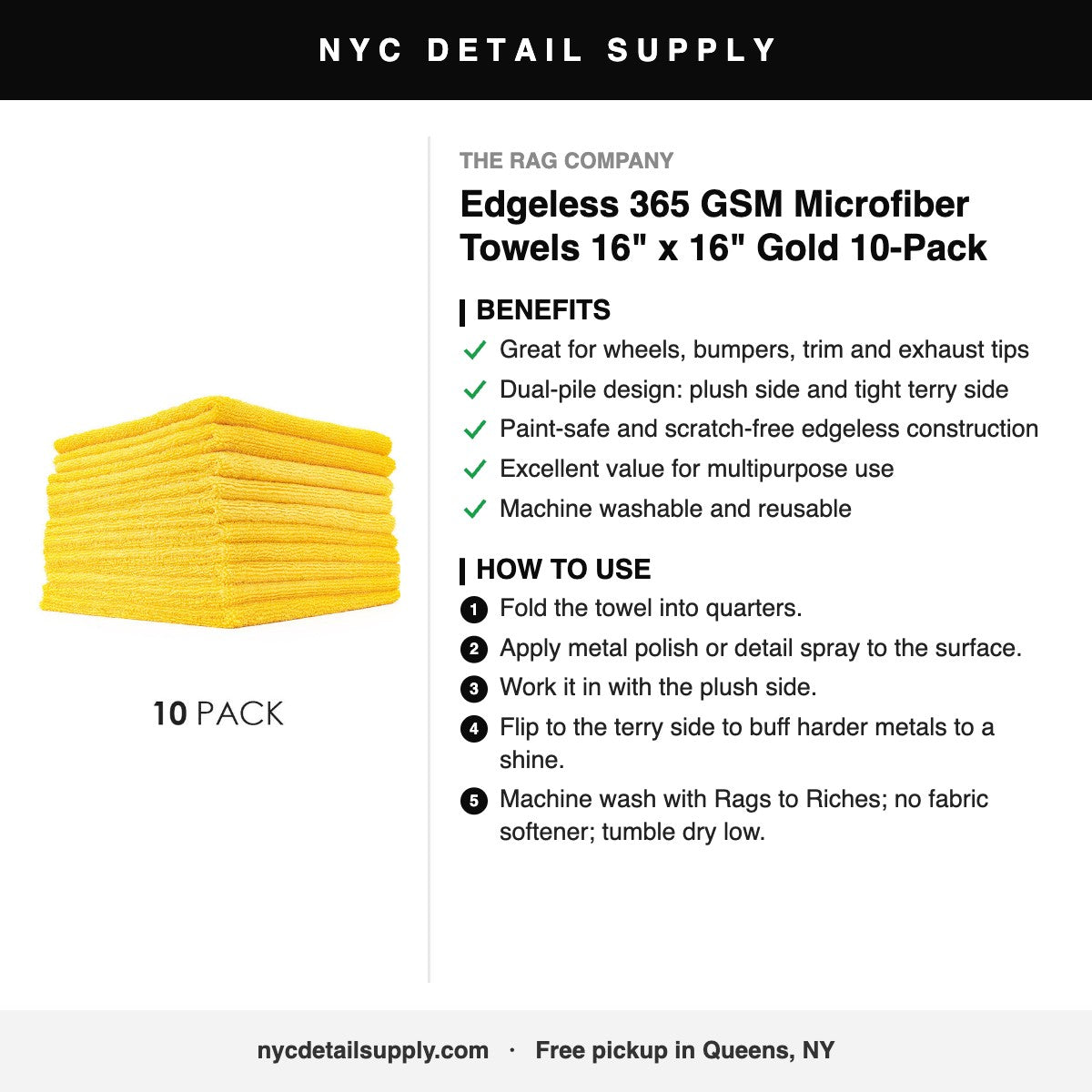 The Rag Company Edgeless 365 GSM Microfiber Towels 16" x 16" Gold 10-Pack - how to use and benefits