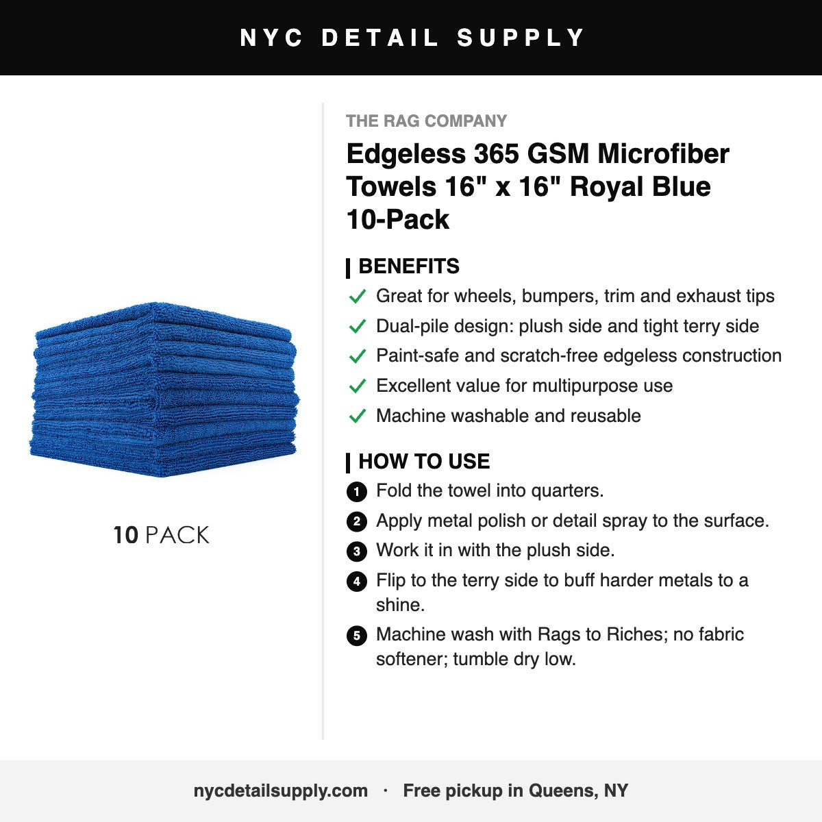 The Rag Company Edgeless 365 GSM Microfiber Towels 16" x 16" Royal Blue 10-Pack - how to use and benefits