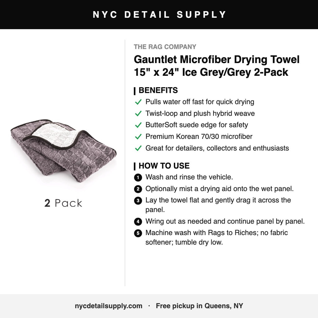 The Rag Company Gauntlet Microfiber Drying Towel 15" x 24" Ice Grey/Grey 2-Pack - how to use and benefits