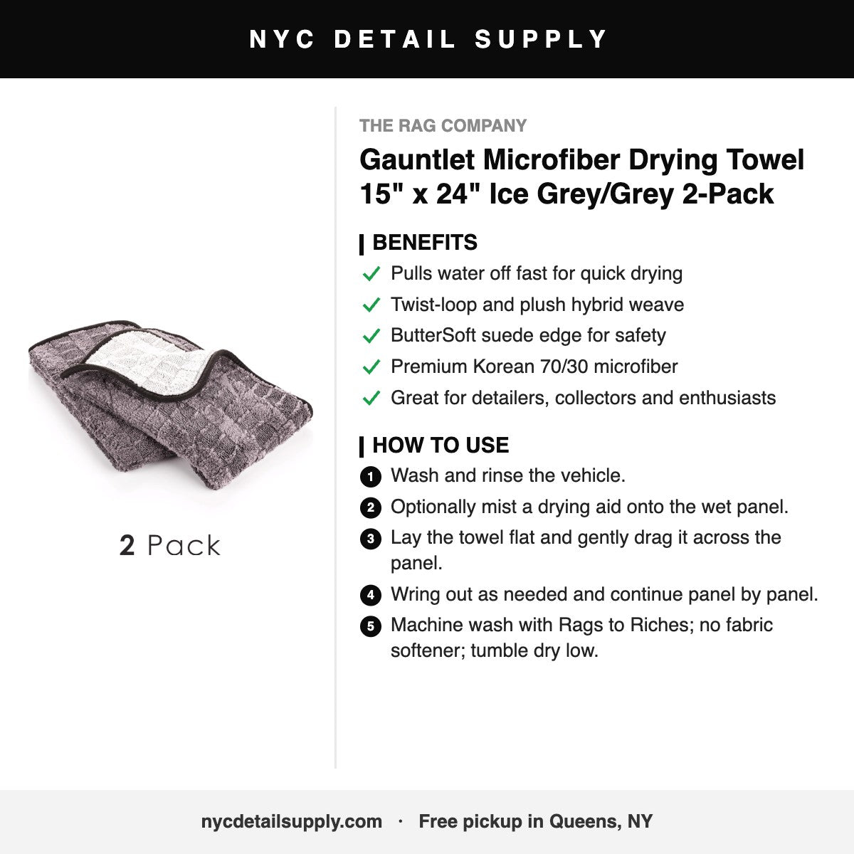 The Rag Company Gauntlet Microfiber Drying Towel 15" x 24" Ice Grey/Grey 2-Pack - how to use and benefits