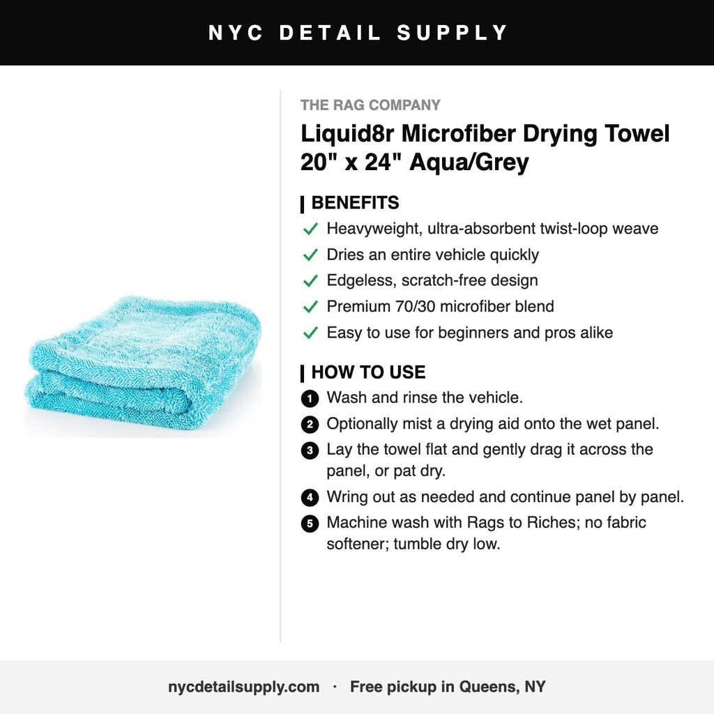 The Rag Company Liquid8r Microfiber Drying Towel 20" x 24" Aqua/Grey - how to use and benefits