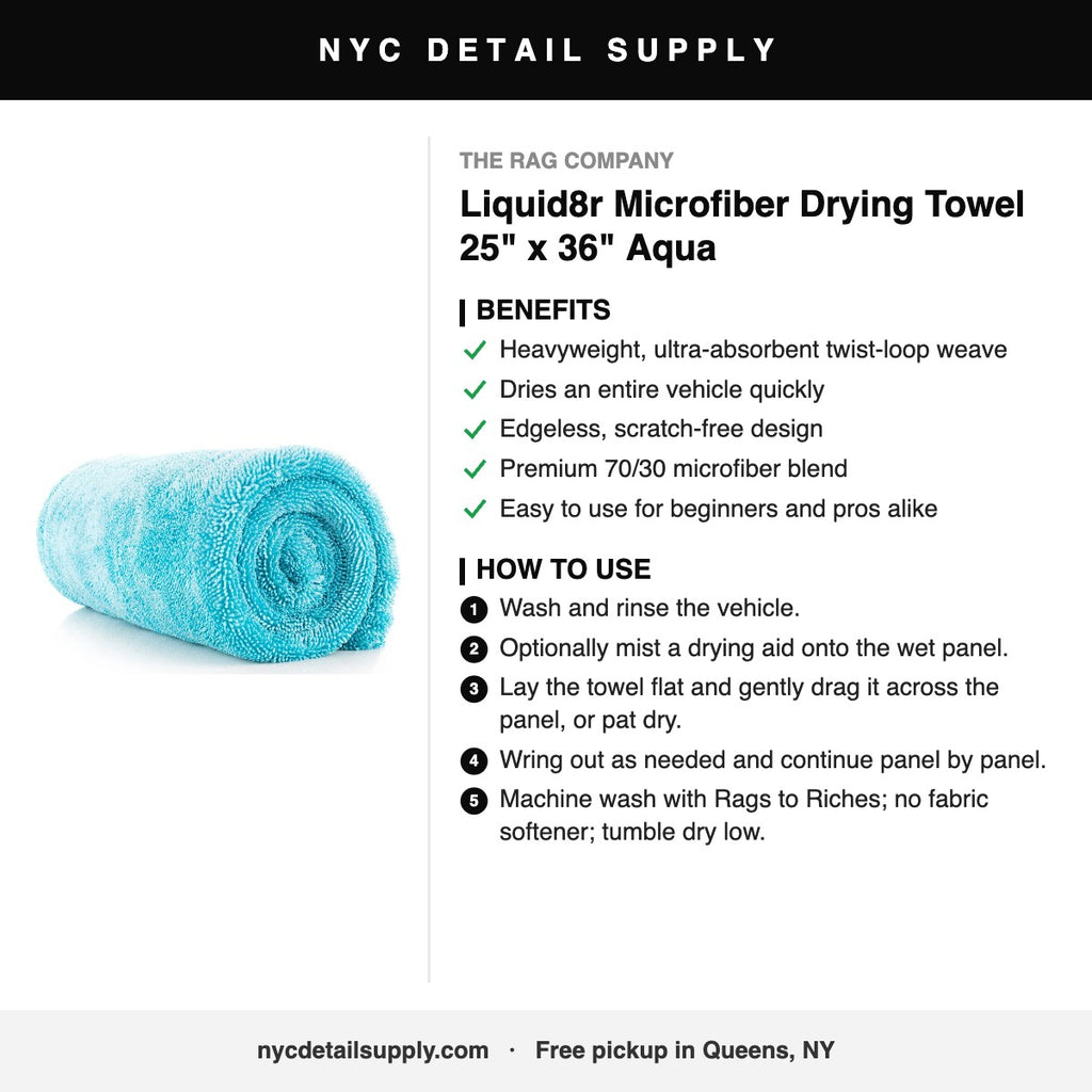 The Rag Company Liquid8r Microfiber Drying Towel 25" x 36" Aqua - how to use and benefits