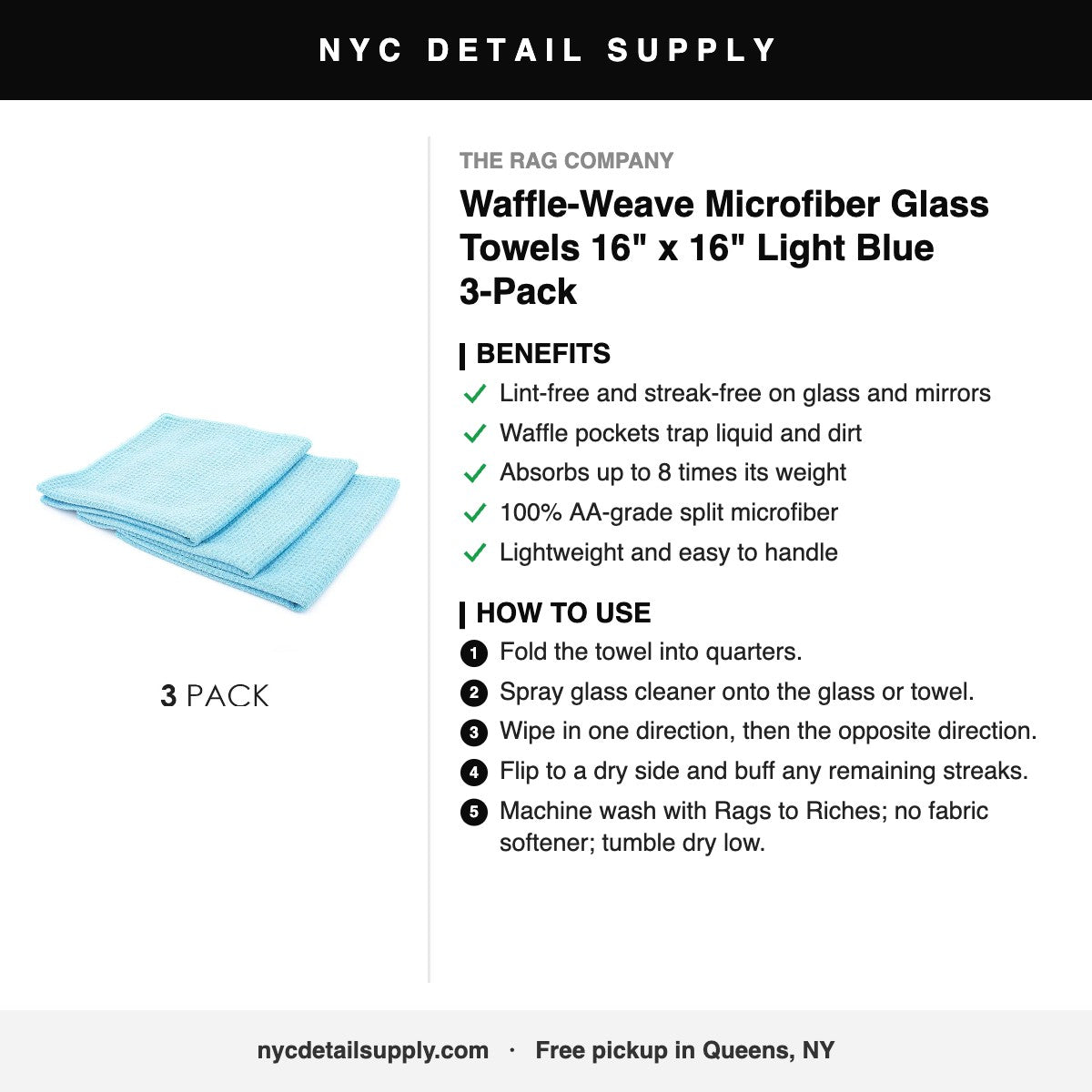The Rag Company Waffle-Weave Microfiber Glass Towels 16" x 16" Light Blue 3-Pack - how to use and benefits
